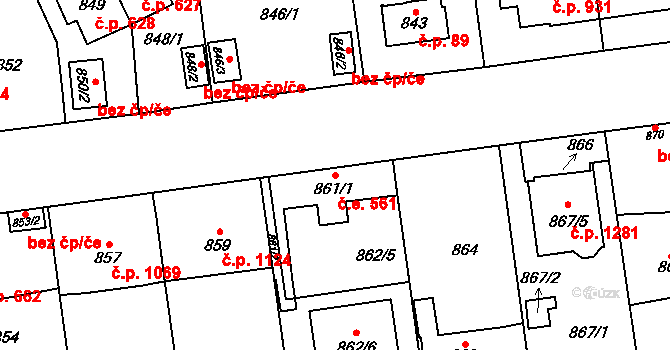 Skvrňany 561, Plzeň na parcele st. 861/1 v KÚ Skvrňany, Katastrální mapa