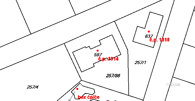 Nová Hospoda 1314, Kamenice na parcele st. 597 v KÚ Štiřín, Katastrální mapa