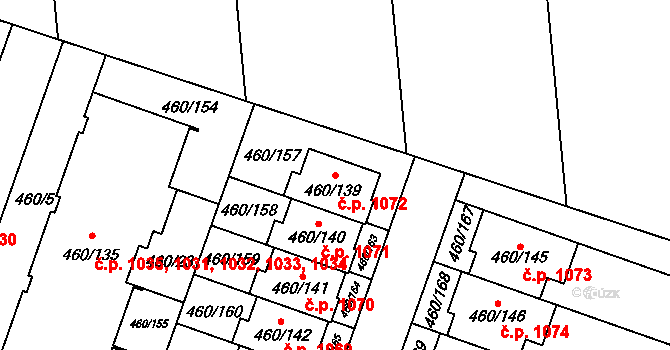 Modřice 1072 na parcele st. 460/139 v KÚ Modřice, Katastrální mapa