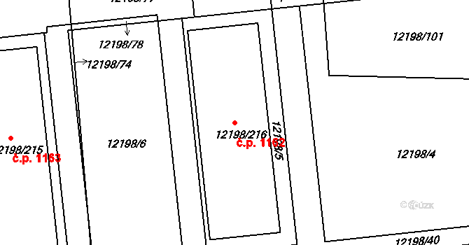 Severní Předměstí 1162, Plzeň na parcele st. 12198/216 v KÚ Plzeň, Katastrální mapa