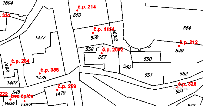 Předměstí 2092, Litoměřice na parcele st. 557 v KÚ Litoměřice, Katastrální mapa