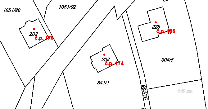 Těškov 174 na parcele st. 208 v KÚ Těškov, Katastrální mapa