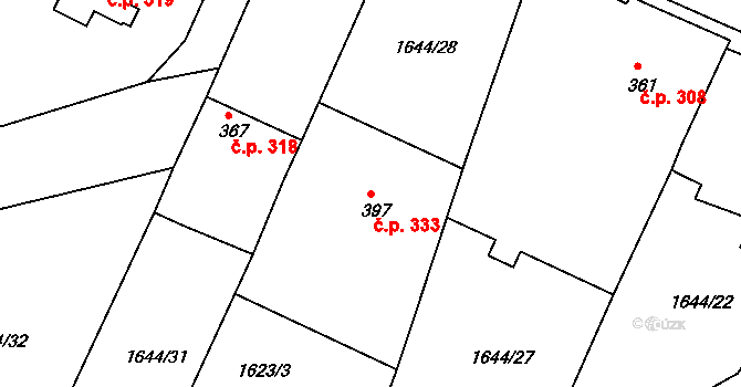 Křižanov 333 na parcele st. 397 v KÚ Křižanov, Katastrální mapa