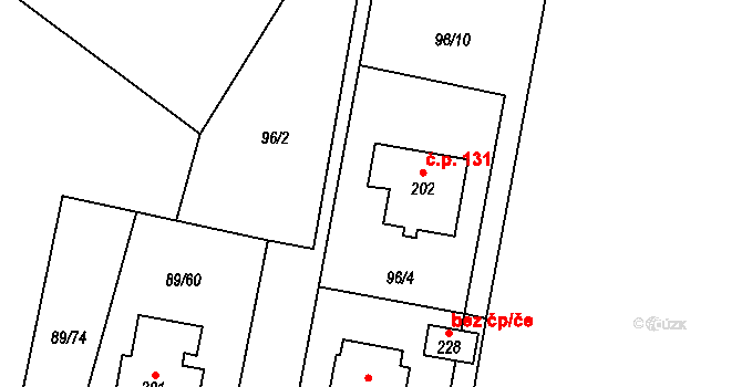 Rváčov 131, Vysočina na parcele st. 202 v KÚ Rváčov u Hlinska, Katastrální mapa