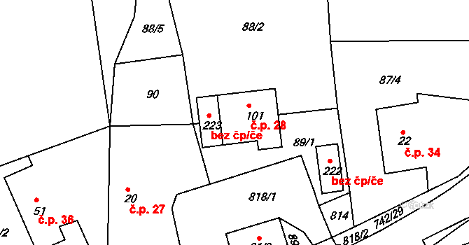 Kovářov 28, Bojanov na parcele st. 101 v KÚ Kovářov u Seče, Katastrální mapa