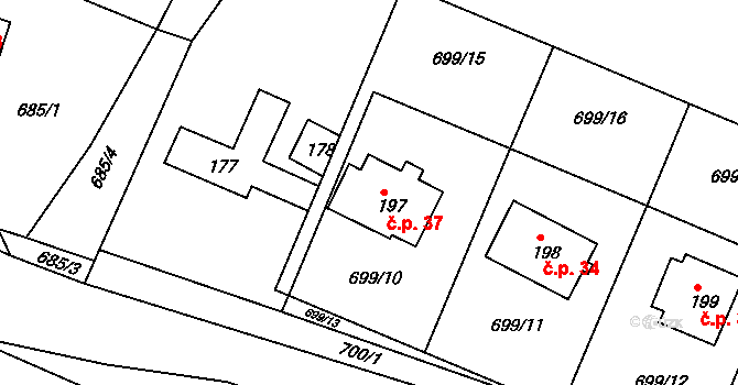 Žampach 37 na parcele st. 197 v KÚ Žampach, Katastrální mapa