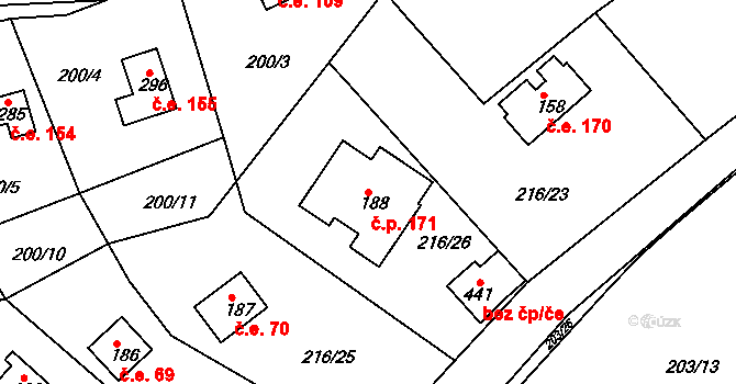 Řitka 171 na parcele st. 188 v KÚ Řitka, Katastrální mapa
