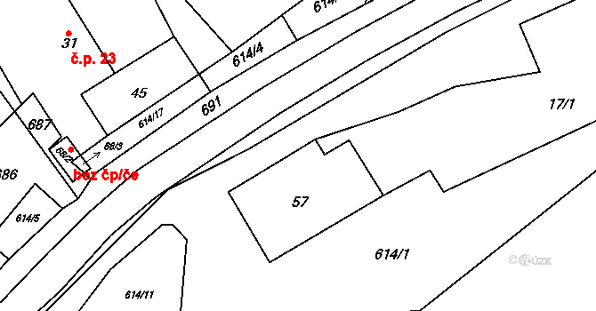 Šidlákov 44, Hora Svatého Václava na parcele st. 57 v KÚ Šidlákov, Katastrální mapa