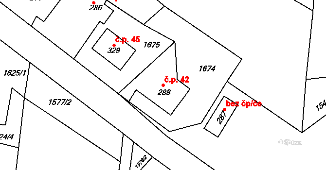 Pelechy 42 na parcele st. 288 v KÚ Pelechy, Katastrální mapa
