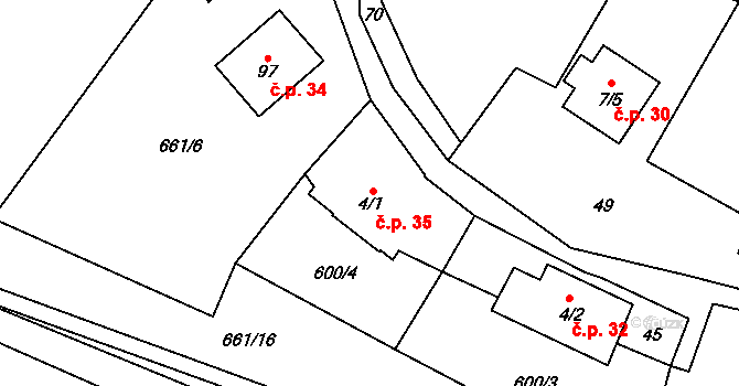 Ždánov 35 na parcele st. 4/1 v KÚ Ždánov, Katastrální mapa