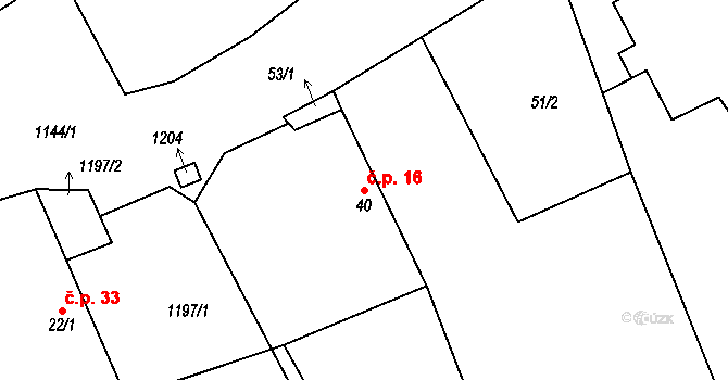 Hůrky 16, Zahrádka na parcele st. 40 v KÚ Hůrky u Zahrádky, Katastrální mapa