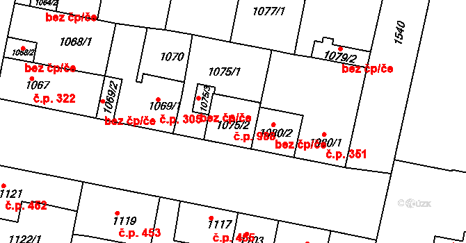 Čakovice 988, Praha na parcele st. 1075/2 v KÚ Čakovice, Katastrální mapa