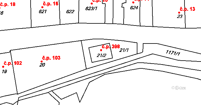 Oldřišov 398 na parcele st. 21/2 v KÚ Oldřišov, Katastrální mapa