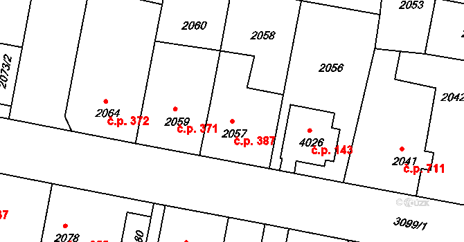 Čelákovice 387 na parcele st. 2057 v KÚ Čelákovice, Katastrální mapa