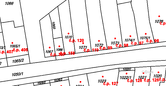 Sokolnice 119 na parcele st. 1071 v KÚ Sokolnice, Katastrální mapa