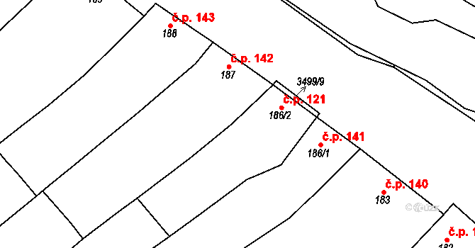 Radějov 121 na parcele st. 186/2 v KÚ Radějov u Strážnice, Katastrální mapa