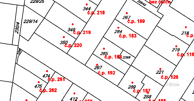Humny 184, Pchery na parcele st. 285 v KÚ Pchery, Katastrální mapa