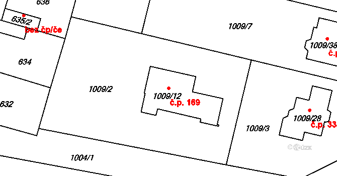 Majetín 169 na parcele st. 1009/12 v KÚ Majetín, Katastrální mapa