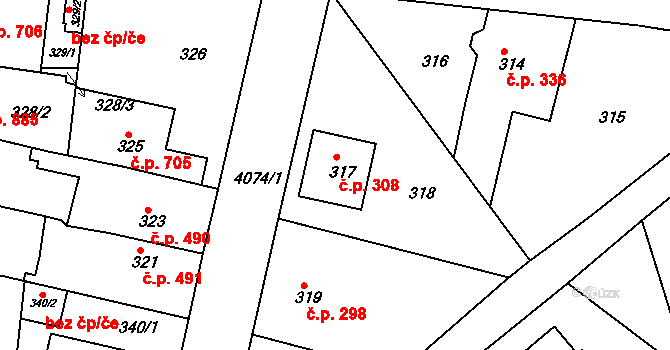 Modřany 308, Praha na parcele st. 317 v KÚ Modřany, Katastrální mapa