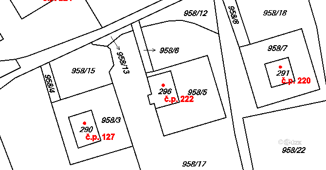 Kryštofovo Údolí 222 na parcele st. 296 v KÚ Kryštofovo Údolí, Katastrální mapa