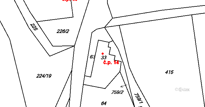 Soběslavice 14 na parcele st. 33 v KÚ Soběslavice, Katastrální mapa