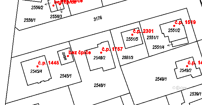 Bolevec 1757, Plzeň na parcele st. 2548/2 v KÚ Bolevec, Katastrální mapa