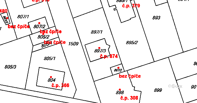 Čakovice 874, Praha na parcele st. 897/3 v KÚ Čakovice, Katastrální mapa