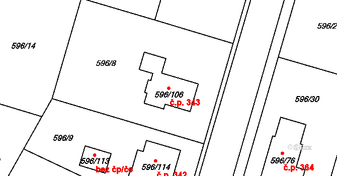 Hodonice 343 na parcele st. 596/106 v KÚ Hodonice, Katastrální mapa