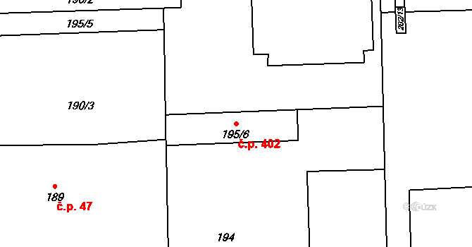 Petrovice 402, Praha na parcele st. 195/6 v KÚ Petrovice, Katastrální mapa