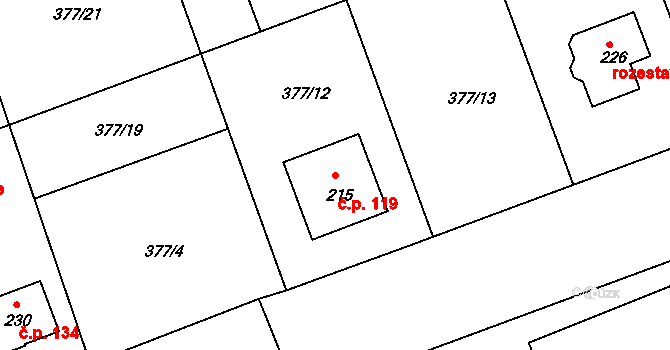 Obora 119 na parcele st. 215 v KÚ Obora u Loun, Katastrální mapa
