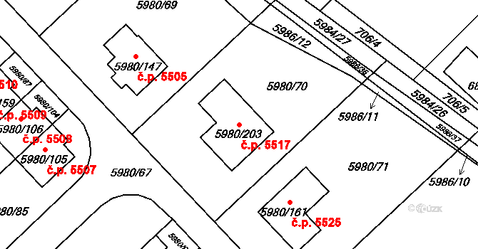 Chomutov 5517 na parcele st. 5980/203 v KÚ Chomutov I, Katastrální mapa