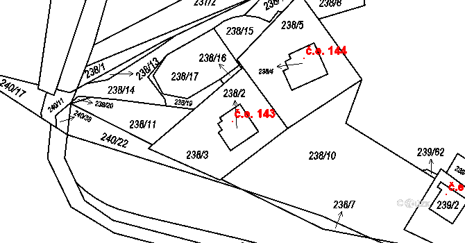 Tušimice 143, Kadaň na parcele st. 238/2 v KÚ Tušimice, Katastrální mapa