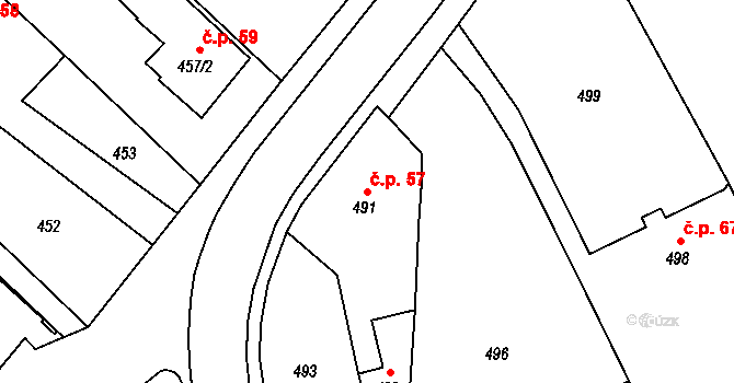 Fryšták 57 na parcele st. 491 v KÚ Fryšták, Katastrální mapa