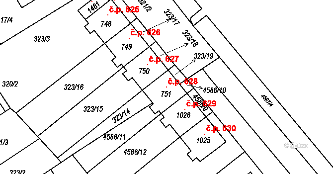 Slavičín 628 na parcele st. 751 v KÚ Slavičín, Katastrální mapa