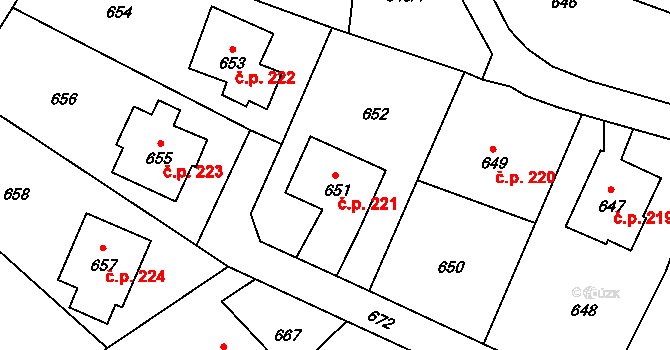 Suché Lazce 221, Opava na parcele st. 651 v KÚ Suché Lazce, Katastrální mapa