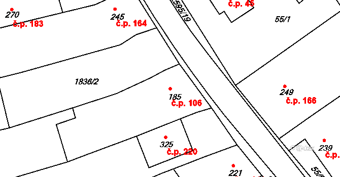 Rudice 106 na parcele st. 185 v KÚ Rudice, Katastrální mapa