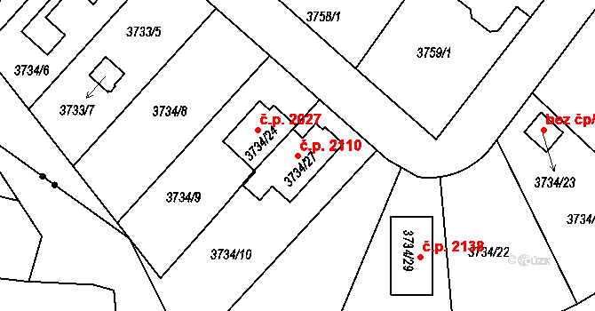 Modřany 2110, Praha na parcele st. 3734/27 v KÚ Modřany, Katastrální mapa