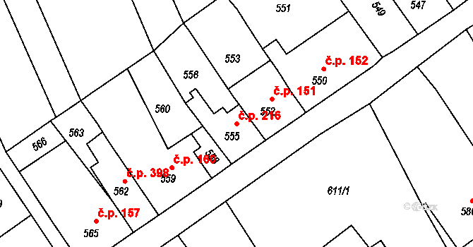 Jedovnice 216 na parcele st. 555 v KÚ Jedovnice, Katastrální mapa