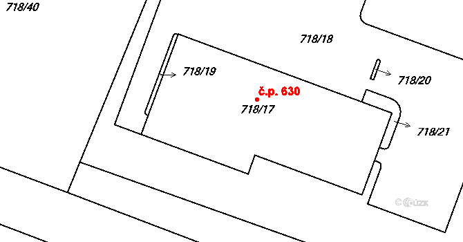 Zruč 630, Zruč-Senec na parcele st. 718/17 v KÚ Zruč, Katastrální mapa
