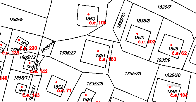 Jesenice 103 na parcele st. 1851 v KÚ Jesenice u Rakovníka, Katastrální mapa