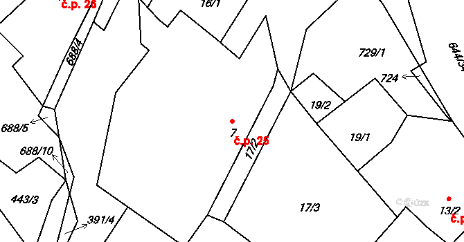 Olešenka 25 na parcele st. 7 v KÚ Olešenka, Katastrální mapa