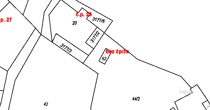 Bor 101753195 na parcele st. 62 v KÚ Borovany u Boru, Katastrální mapa