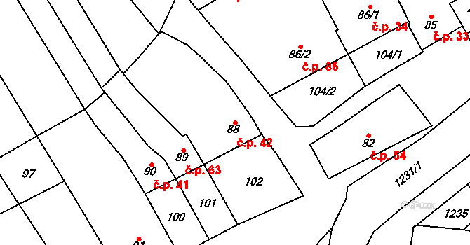 Krumsín 42 na parcele st. 88 v KÚ Krumsín, Katastrální mapa