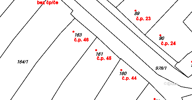 Popice 45, Znojmo na parcele st. 161 v KÚ Popice u Znojma, Katastrální mapa