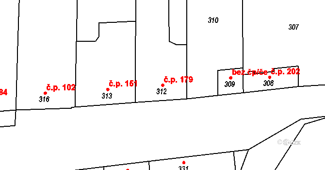Krhovice 179 na parcele st. 312 v KÚ Krhovice, Katastrální mapa
