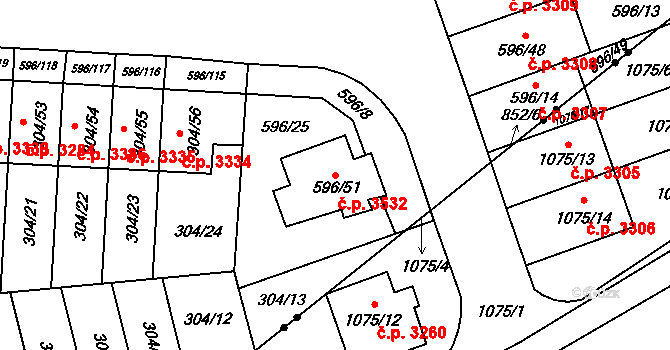 Znojmo 3532 na parcele st. 596/51 v KÚ Znojmo-Louka, Katastrální mapa
