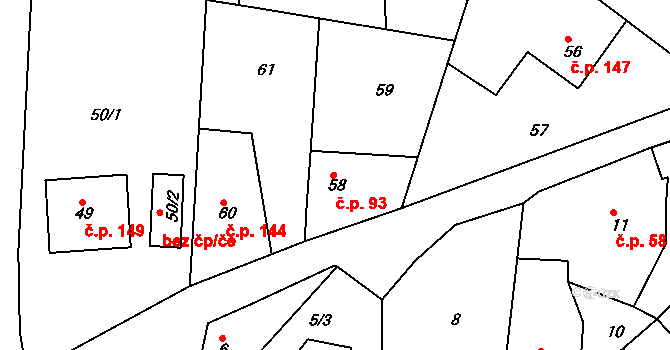 Křesetice 93 na parcele st. 58 v KÚ Křesetice, Katastrální mapa