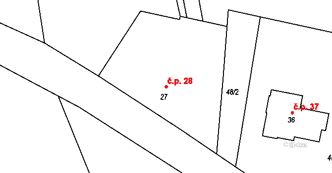 Horní Miletín 28, Lišov na parcele st. 27 v KÚ Horní Miletín, Katastrální mapa