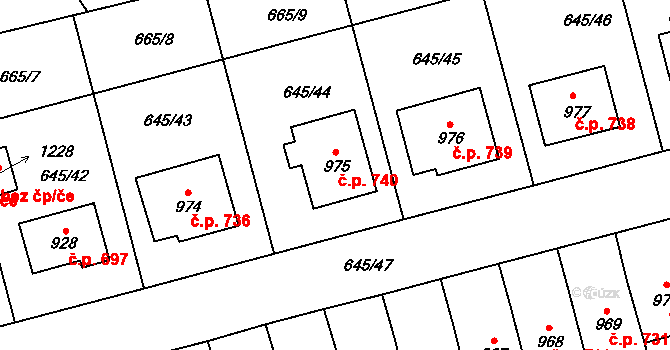 Lišov 740 na parcele st. 975 v KÚ Lišov, Katastrální mapa