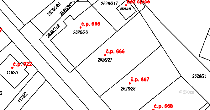 Doksy 666 na parcele st. 2626/27 v KÚ Doksy u Máchova jezera, Katastrální mapa